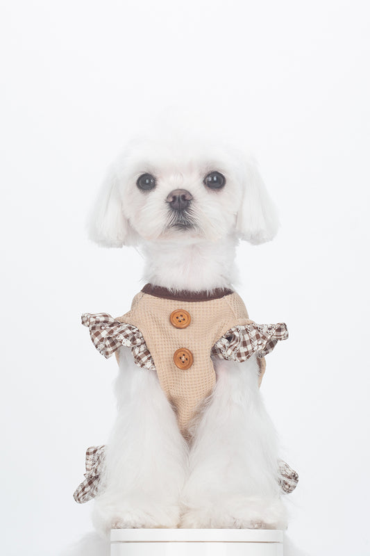 BITEONE Caramel Plaid Pet Dress – Autumn/Winter Outfit for Cats & Dogs, Preppy Style