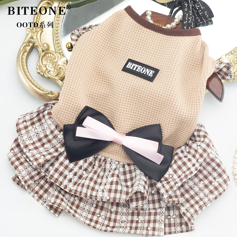 BITEONE Caramel Plaid Pet Dress ā Autumn/Winter Outfit for Cats & Dogs, Preppy Style