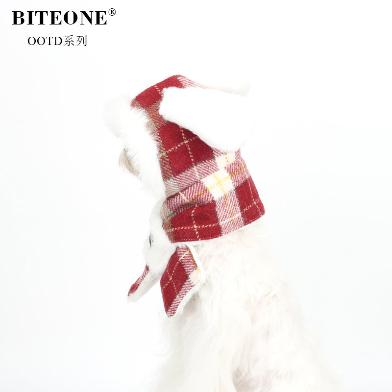 BITEONE Golden Red Grid Hooded Scarf for Pets, Cats and Dogs, Warm Accessories 2025