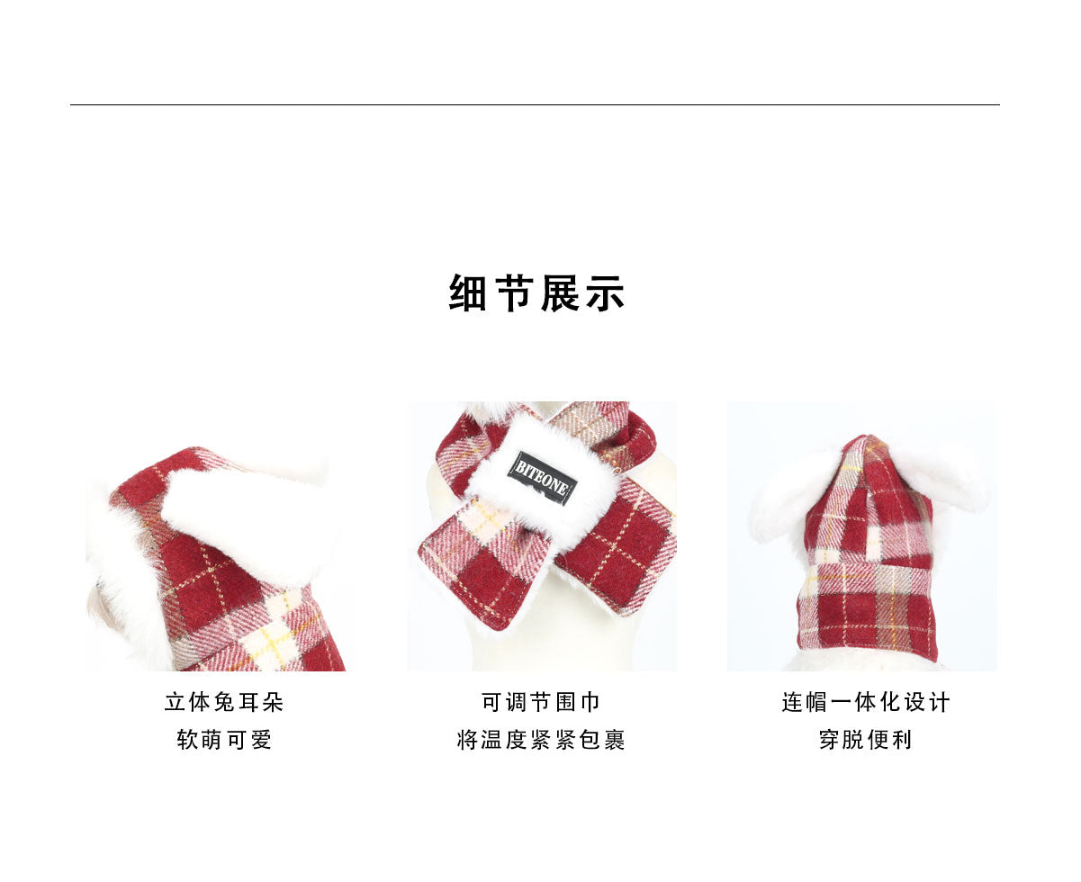 BITEONE Golden Red Grid Hooded Scarf for Pets, Cats and Dogs, Warm Accessories 2025