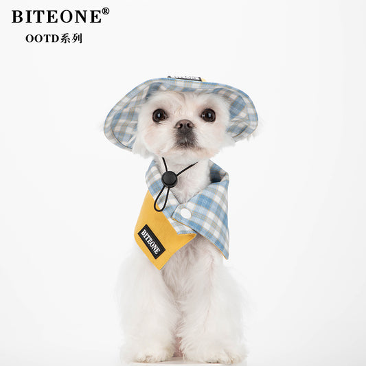 BITYONE [Hat and Neck] Dog Autumn and Winter Accessories Checkered Design Pet Matching