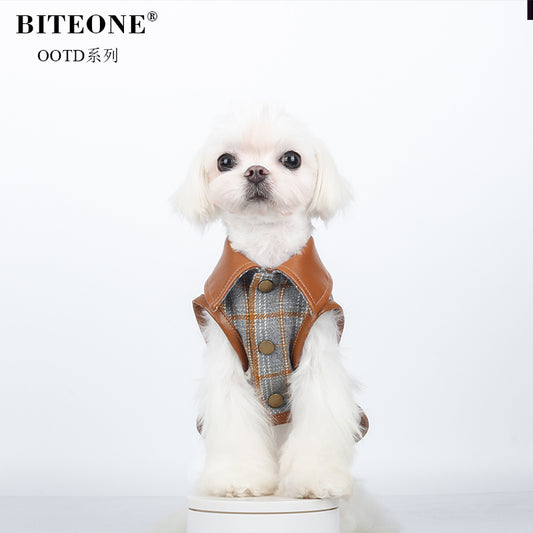 BITYONE [Cappuccino] Cat, dog, pet clothes for autumn and winter, paired with plaid coat, vest, vest