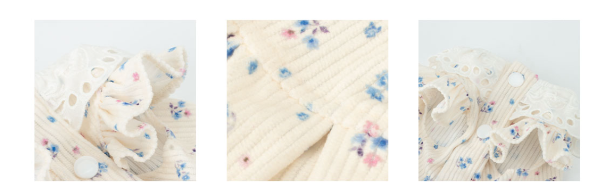 BITEONE Cream Ditsy Floral Pet Dress with Eyelet Lace Collar, Soft Rib Knit, for Small Dogs & Cats