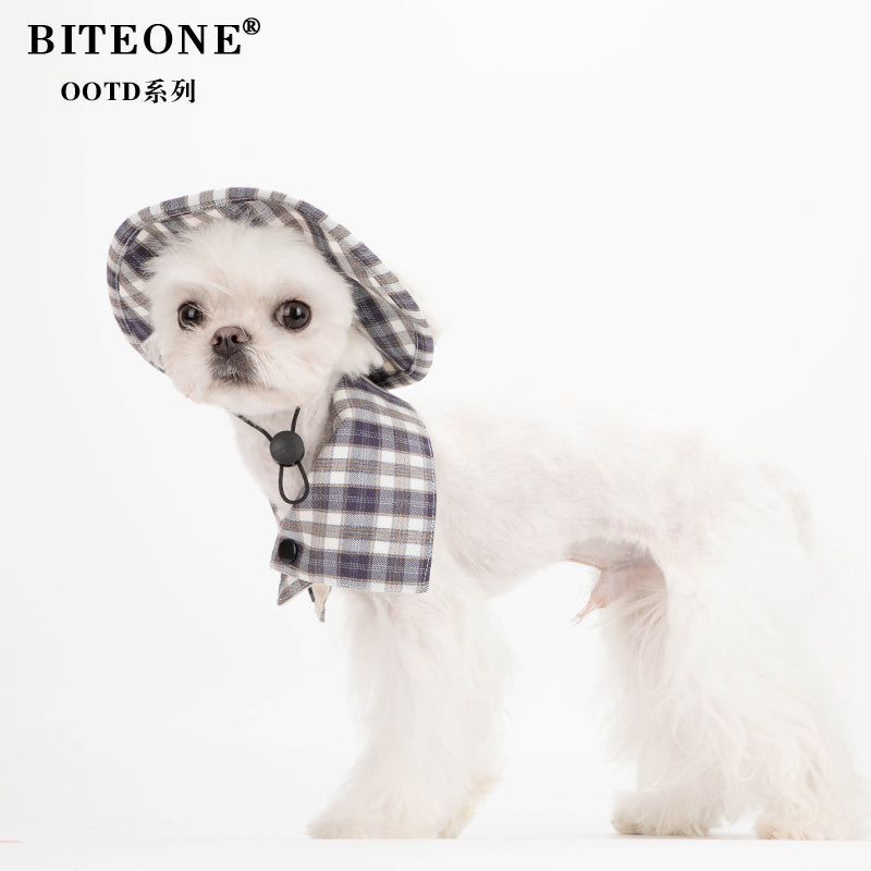 BITYONE [Hat and Neck] Dog Autumn and Winter Accessories Checkered Design Pet Matching