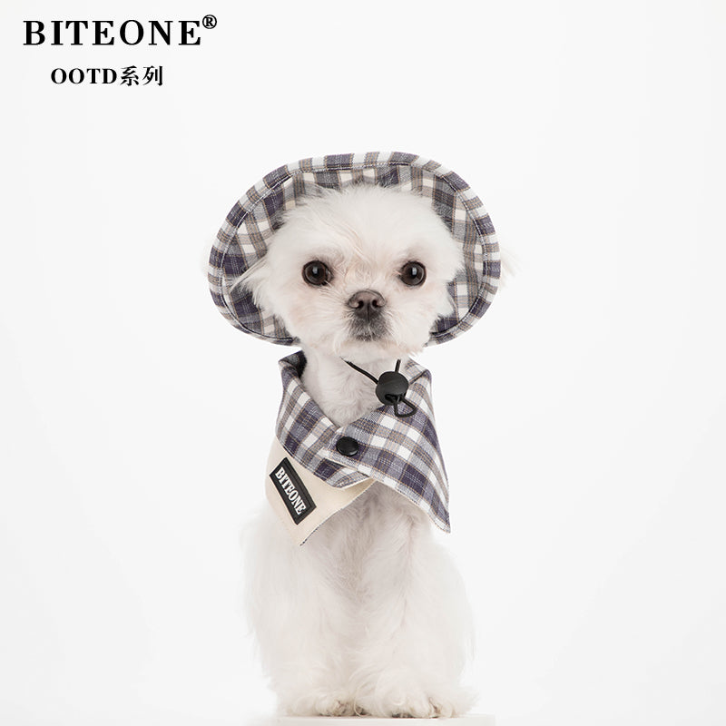BITYONE [Hat and Neck] Dog Autumn and Winter Accessories Checkered Design Pet Matching