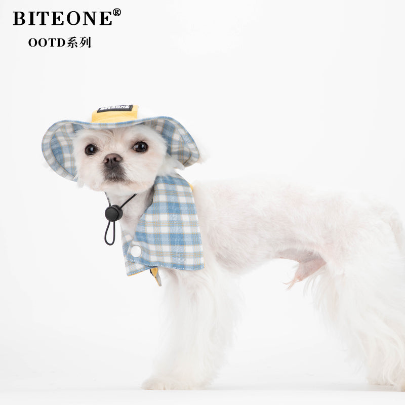 BITYONE [Hat and Neck] Dog Autumn and Winter Accessories Checkered Design Pet Matching